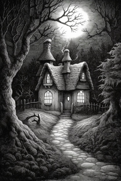 A black and white drawing of a house in the woods generative ai