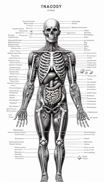 Photo a black and white drawing of a human body with the bones labeled human anatomy