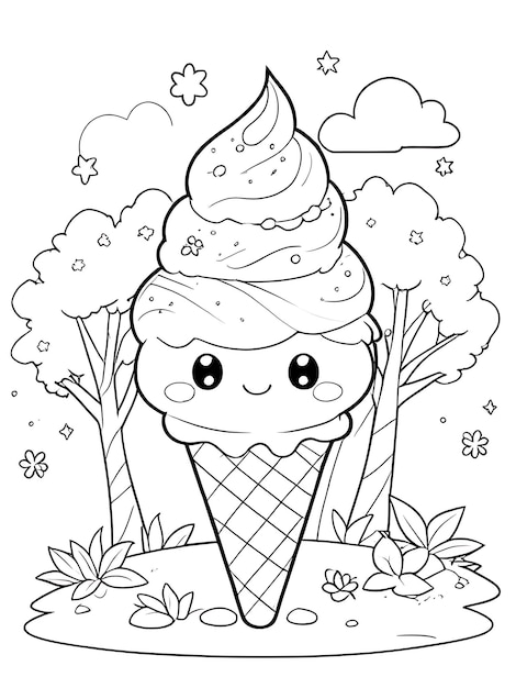 black and white drawing of an ice cream cone with a hat on it