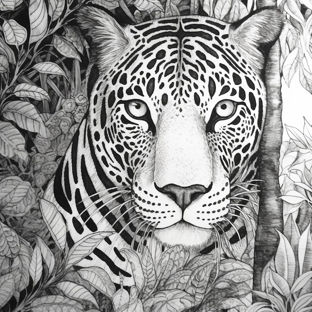 A black and white drawing of a jaguar with the face hidden in the leaves.