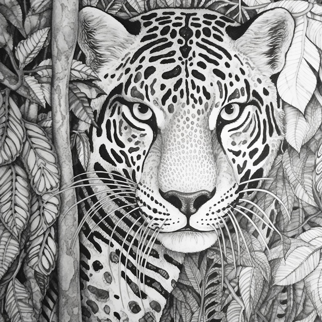 A black and white drawing of a jaguar with the face of a jungle.