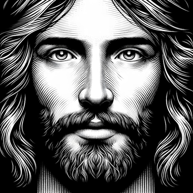 A Black and White drawing of a Jesus Christ Yesus with a cross on it with white background