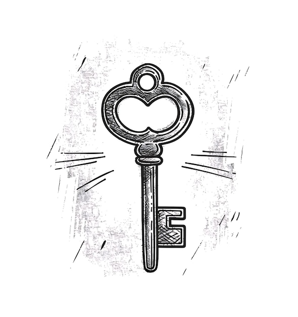 Photo a black and white drawing of a key with a heart on it