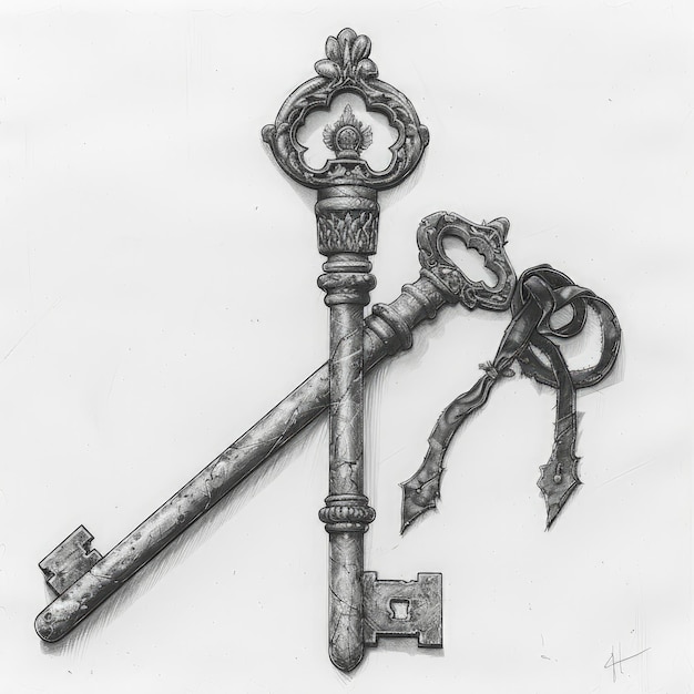 a black and white drawing of a key with the letter l on it