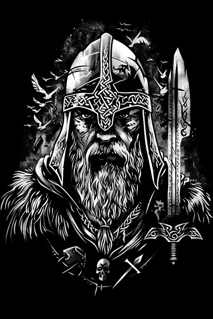 Photo a black and white drawing of a knight with a sword and swords