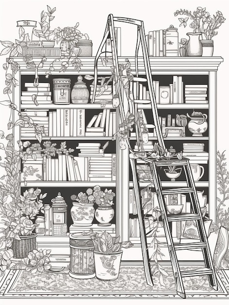 a black and white drawing of a ladder in front of a bookcase generative ai