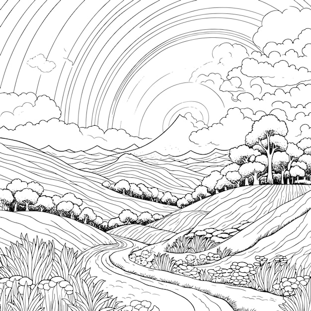 Photo a black and white drawing of a landscape with trees and hills and clouds