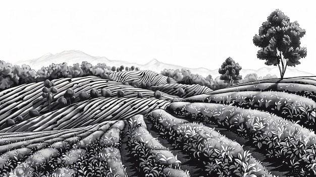 a black and white drawing of a landscape with trees and mountains in the background