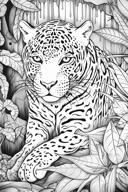 a black and white drawing of a leopard in the jungle generative ai