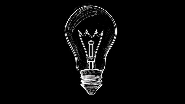 a black and white drawing of a light bulb with a black background