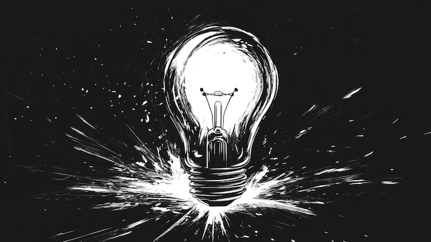 Photo a black and white drawing of a light bulb with sparks flying around it