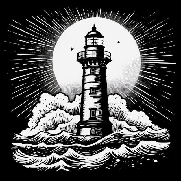 A black and white drawing of a lighthouse on a stormy day generative ai