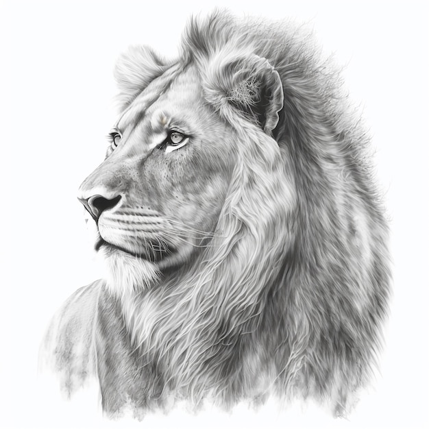 A black and white drawing of a lion's head.