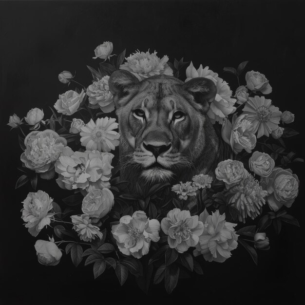 Photo a black and white drawing of a lion with flowers and a lion head