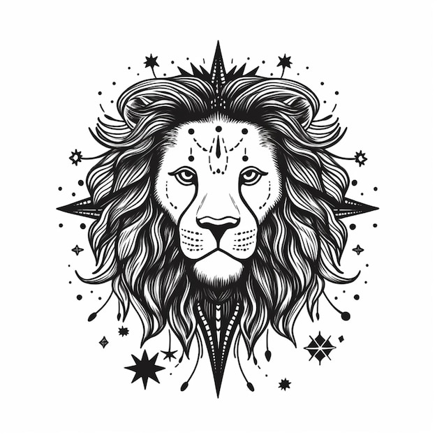 A black and white drawing of a lion with stars on its face generative ai