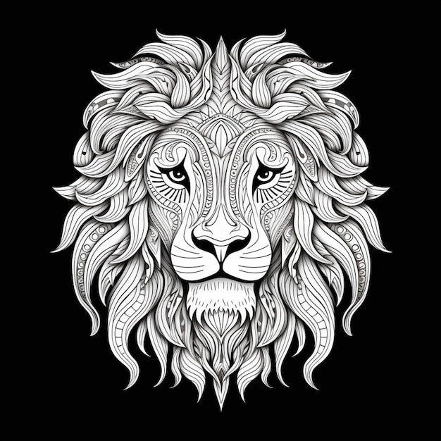 a black and white drawing of a lions head with intricate patterns generative ai