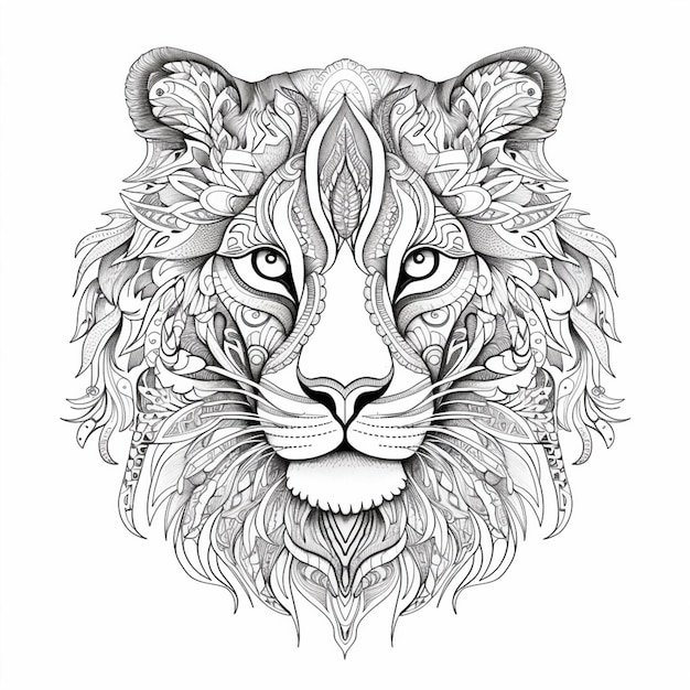 A black and white drawing of a lions head with leaves generative ai