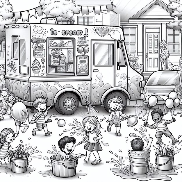 a black and white drawing of a little boy and a truck with balloons on it