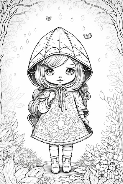 Black and white drawing of a little girl in a raincoat generative ai