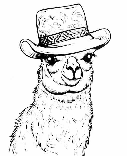 a black and white drawing of a llama wearing a cowboy hat generative ai