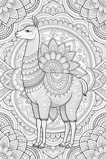 a black and white drawing of a llama