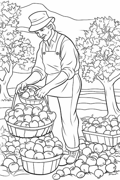 a black and white drawing of a man picking apples from a tree generative ai