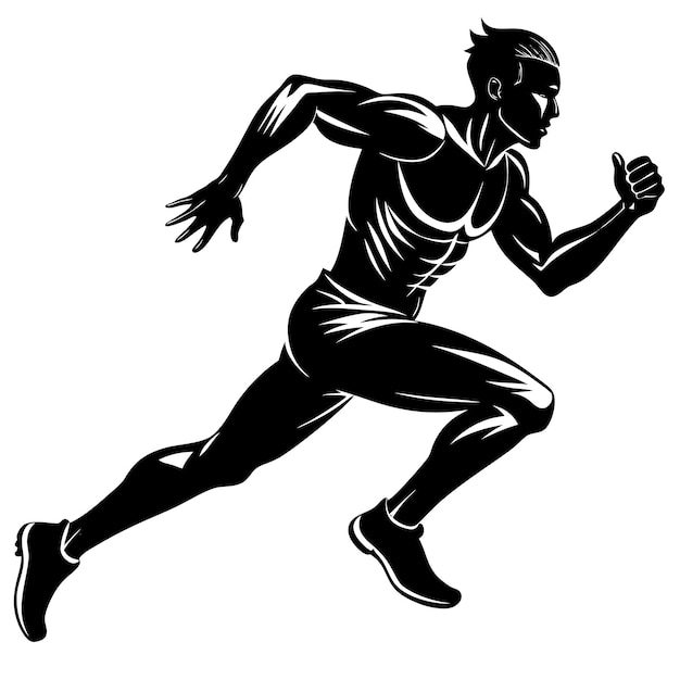 a black and white drawing of a man running in a black uniform