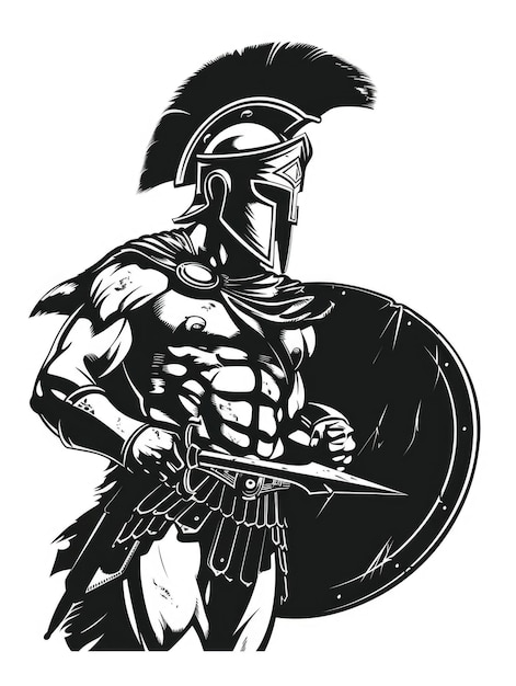 Photo a black and white drawing of a man in a warrior costume holding a sword