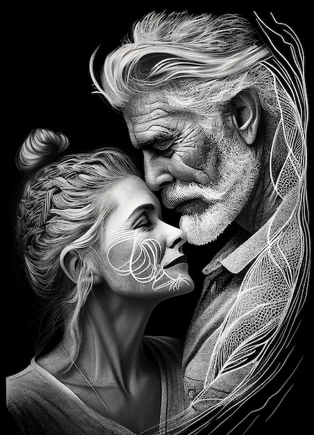 A black and white drawing of a man and woman hugging.