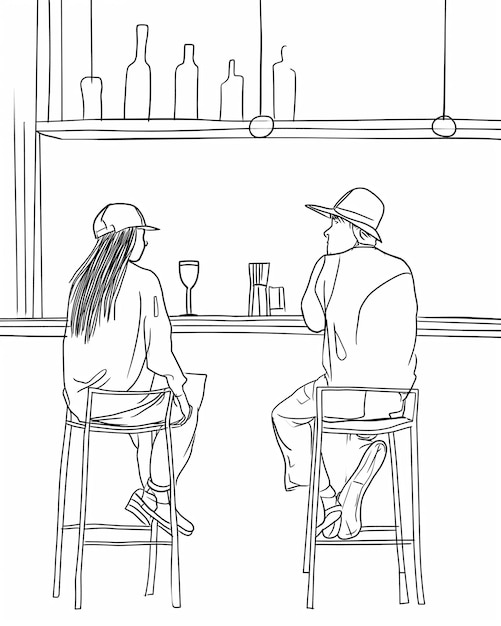 a black and white drawing of a man and a woman sitting at a bar