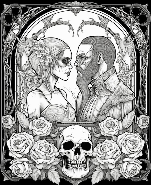 A black and white drawing of a man and woman with roses in the background.