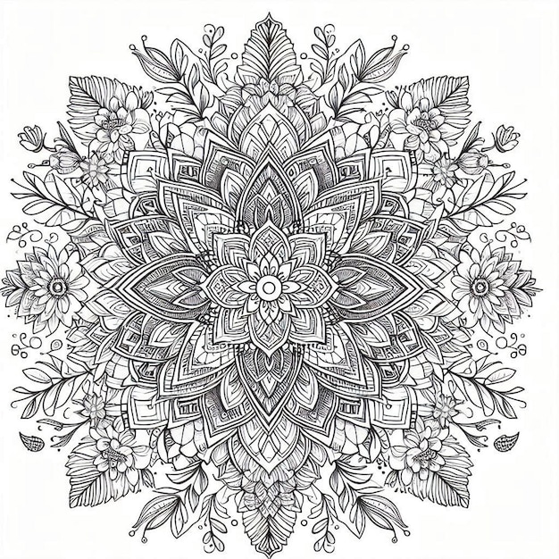 Photo a black and white drawing of a mandala with a design of flowers and butterflies