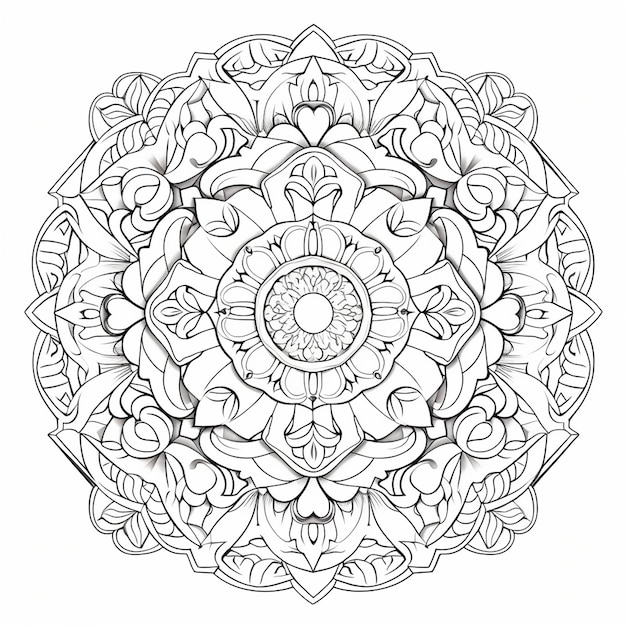 a black and white drawing of a mandala with a floral pattern