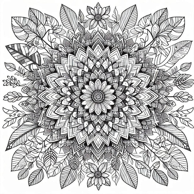 Photo a black and white drawing of a mandala with leaves and flowers