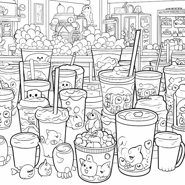 A black and white drawing of many cups with the word hello kitty on them.