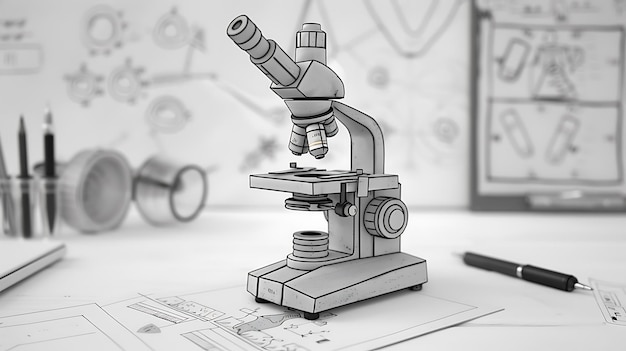 a black and white drawing of a microscope with a picture of a picture behind it