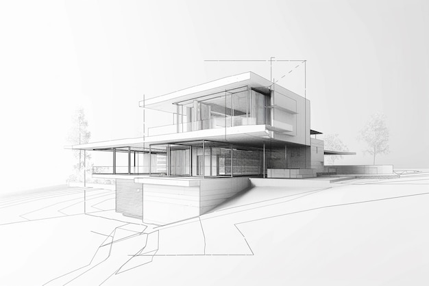 a black and white drawing of a modern house with a white background