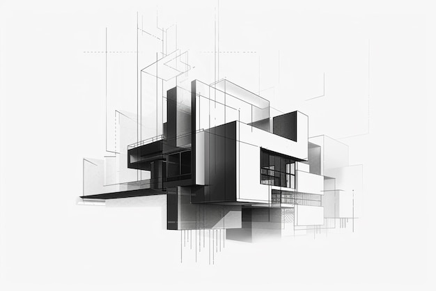 Photo a black and white drawing of a modern house with a white background