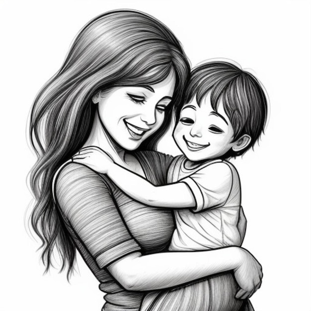 a black and white drawing of a mother hugging her son