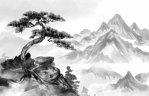 Photo a black and white drawing of a mountain landscape with a mountain in the background