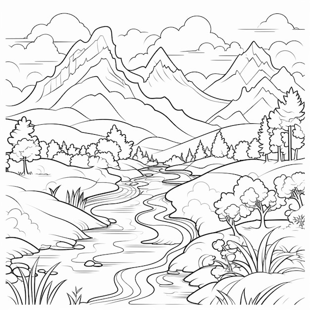 A black and white drawing of a mountain landscape with a stream generative ai