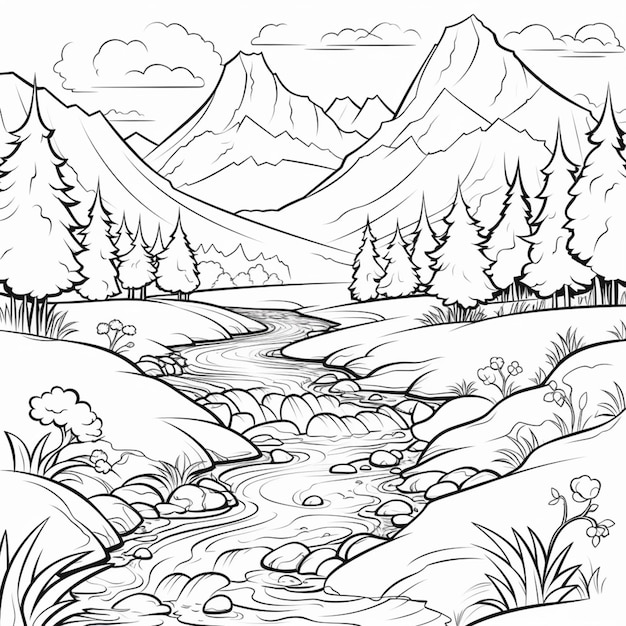 A black and white drawing of a mountain landscape with a stream generative ai