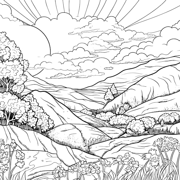 Photo a black and white drawing of a mountain landscape with trees and mountains