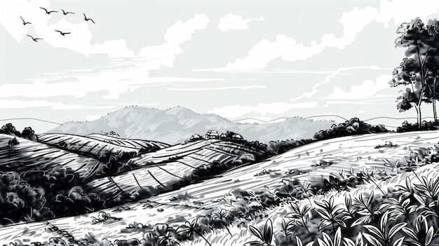 a black and white drawing of a mountain landscape with a view of the mountains and the valley below