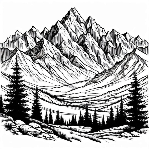 a black and white drawing of a mountain range