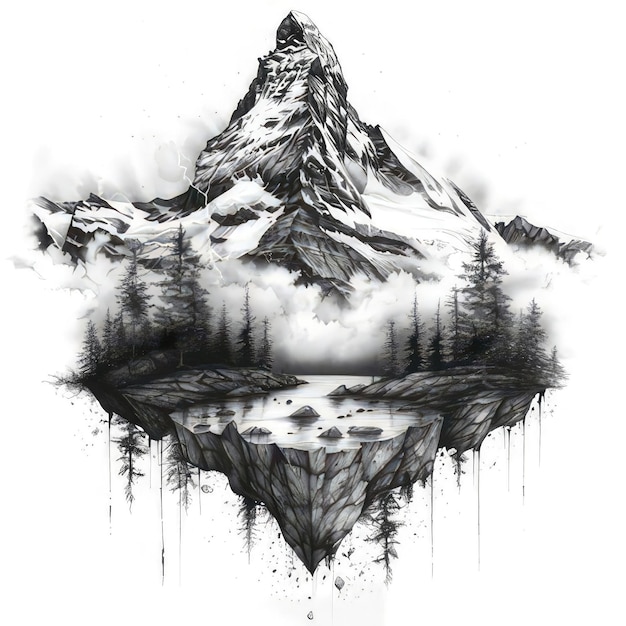 Photo a black and white drawing of a mountain with trees in the background