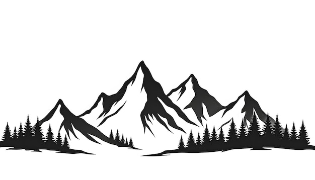 Photo a black and white drawing of a mountain with trees and mountains