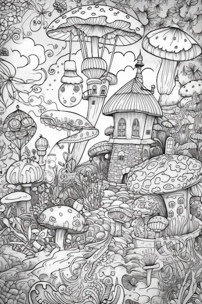 A black and white drawing of a mushroom house surrounded by mushrooms generative ai