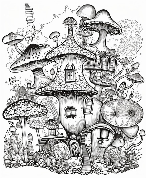 A black and white drawing of a mushroom house with a mushroom house on the top.