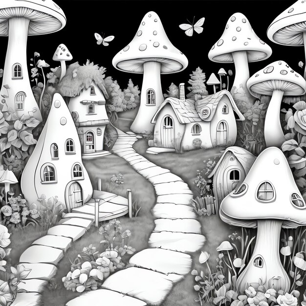 Photo a black and white drawing of a mushroom house with mushrooms